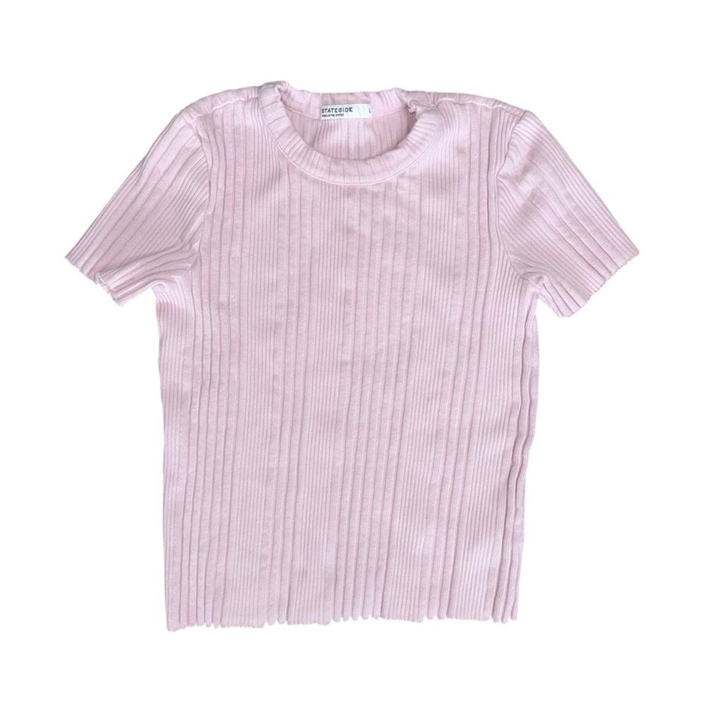 STATESIDE Women’s Pink Ribbed Fitted Short Sleeve Crew Neck T-Shirt